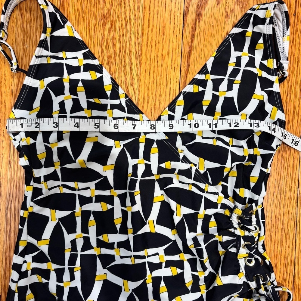 Tahari Off The Grid Black Yellow White Lace Up Grommet One-Piece Swimsuit Large - Picture 10 of 16